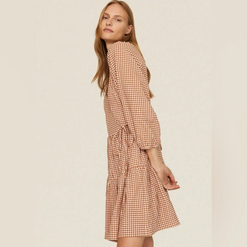 Madewell Brown Gingham puff sleeve Wrap Dress - Picture 2 of 8